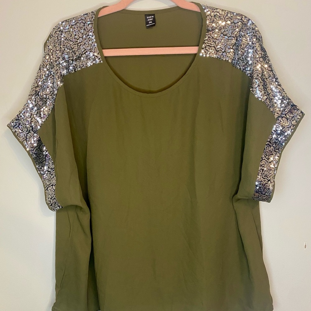SHEIN Olive Top with Silver Sequin Accents